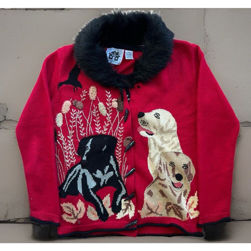 Vintage Storybook Knits Sweater XS Red Multicolor Dogs Art Fur Trim Glam Boho